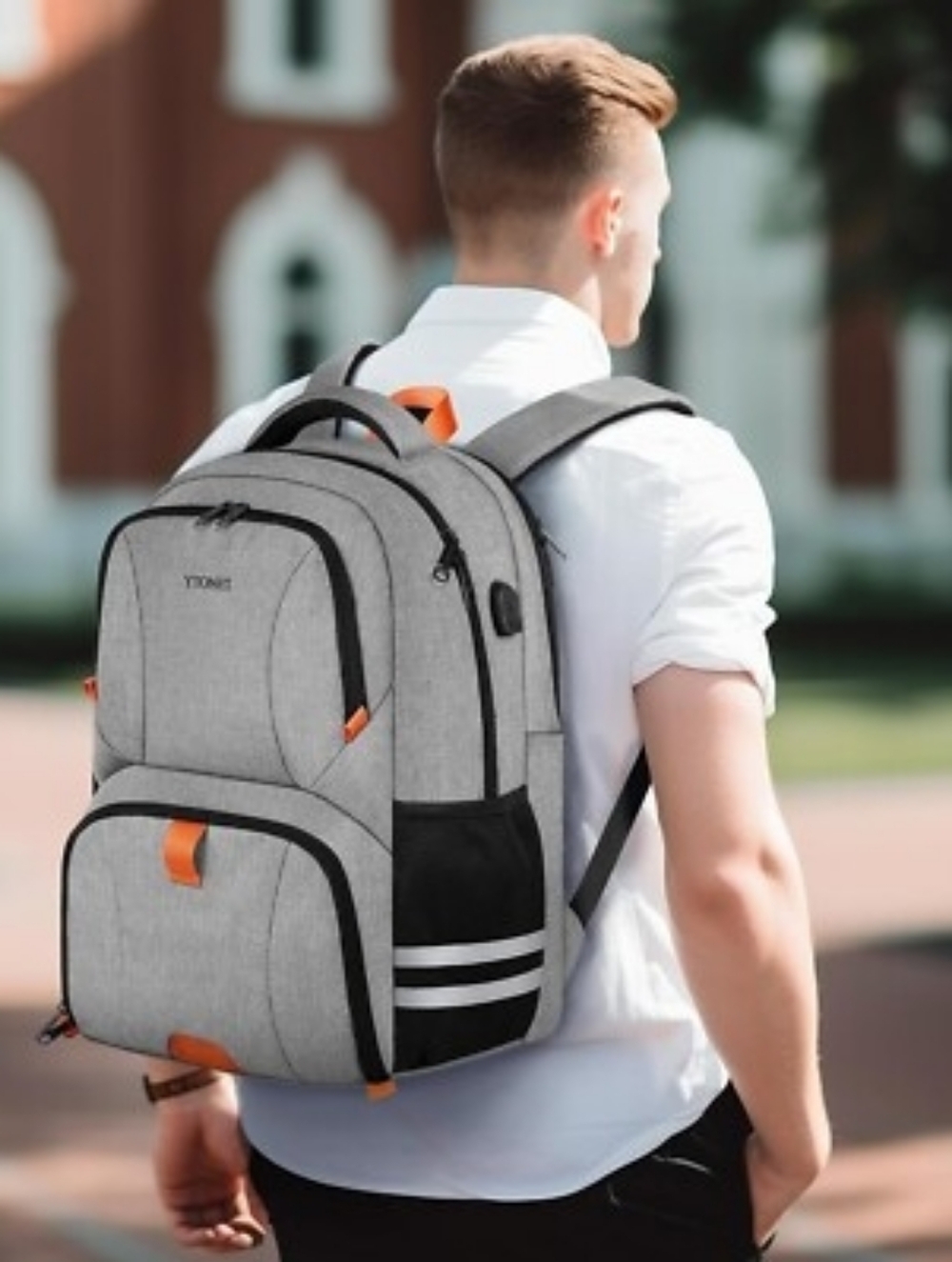 Light Gray Men’s Backpack with Orange Accents by